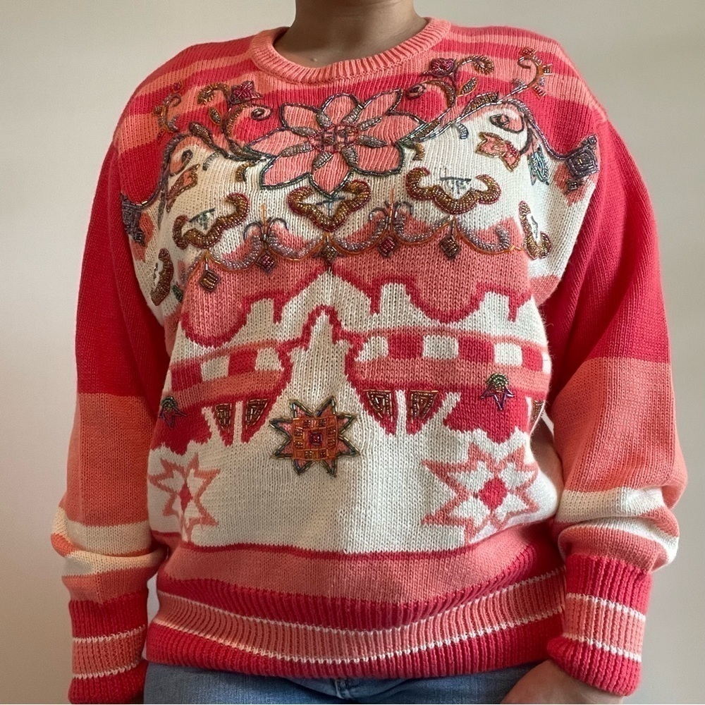 Vintage I.B. Diffusion Pink Floral Ramie Cotton Sweater Cottagecore Boho Size L